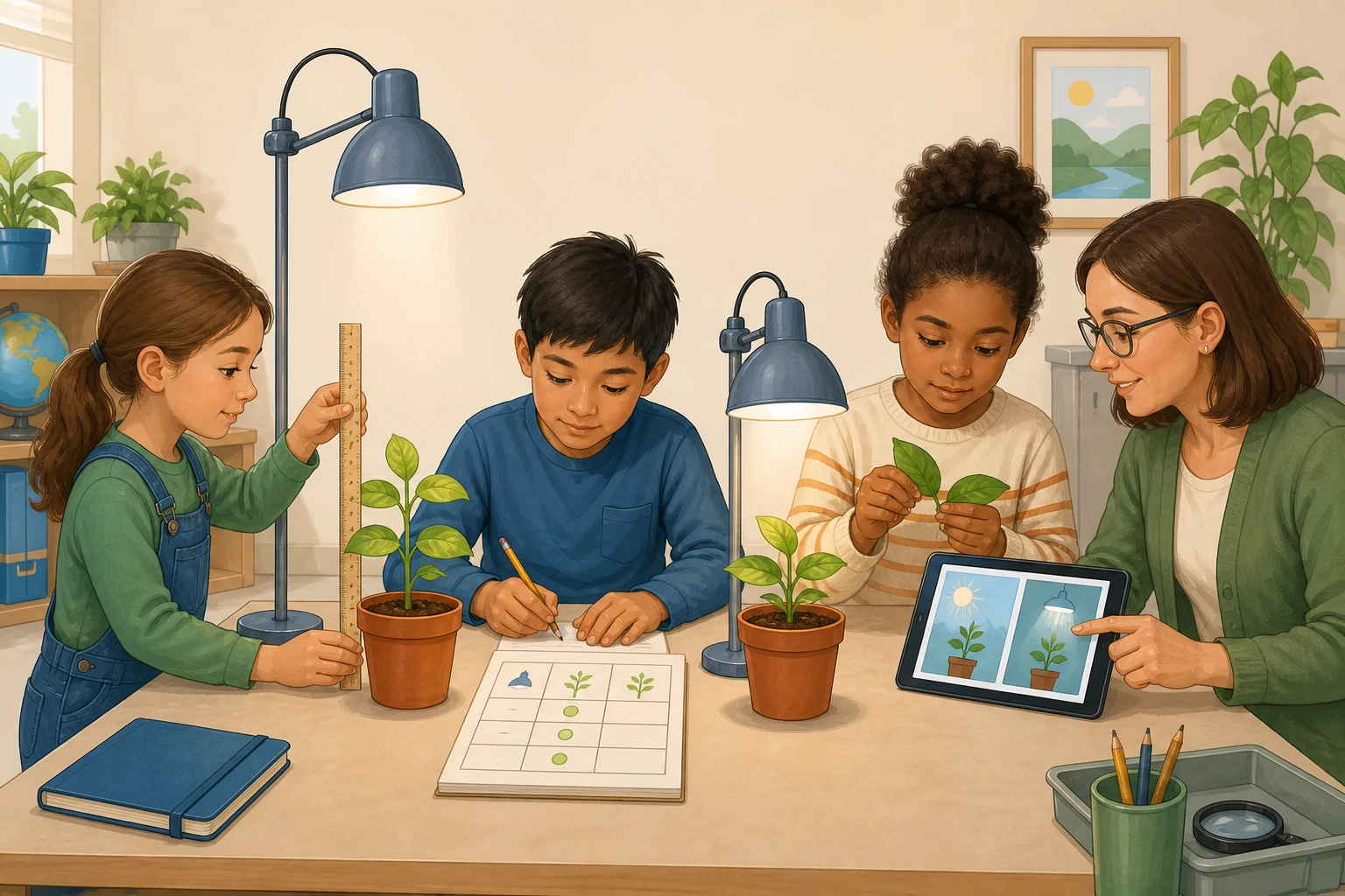 Tres escolares y una docente preparan una comparación con dos plantas y lámparas colocadas a distinta distancia; miden con regla, registran en una tabla, observan hojas y consultan dos fuentes visuales en una tableta.