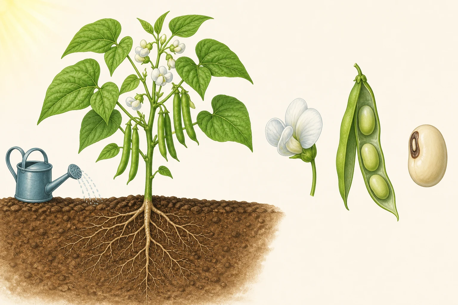 Planta de judía completa con raíces bajo el suelo, tallo, hojas, flores y vainas; a un lado se ven de cerca una flor, una vaina abierta y una semilla.