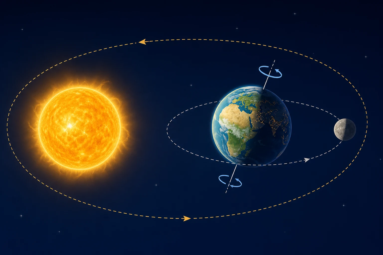 Diagrama con un Sol, una Tierra de eje inclinado y una Luna; una órbita grande rodea al Sol, otra rodea la Tierra y flechas curvas indican rotación terrestre.