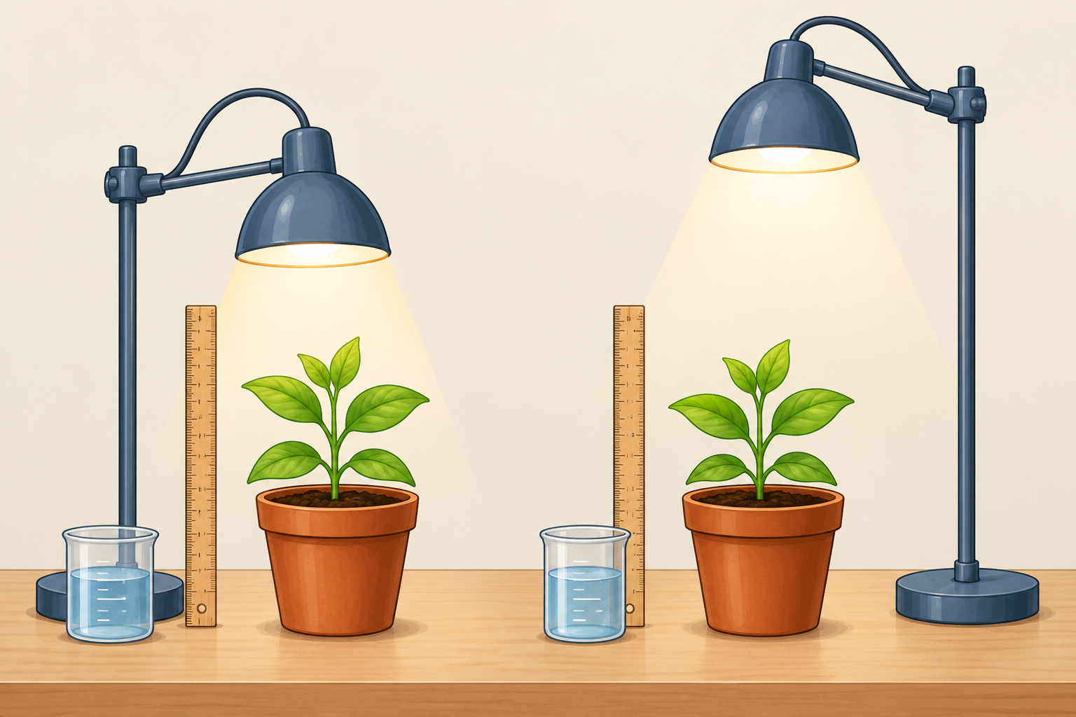 Dos montajes muestran plantas y macetas semejantes, vasos con una cantidad parecida de agua, reglas y lámparas iguales colocadas a distinta distancia de cada planta.