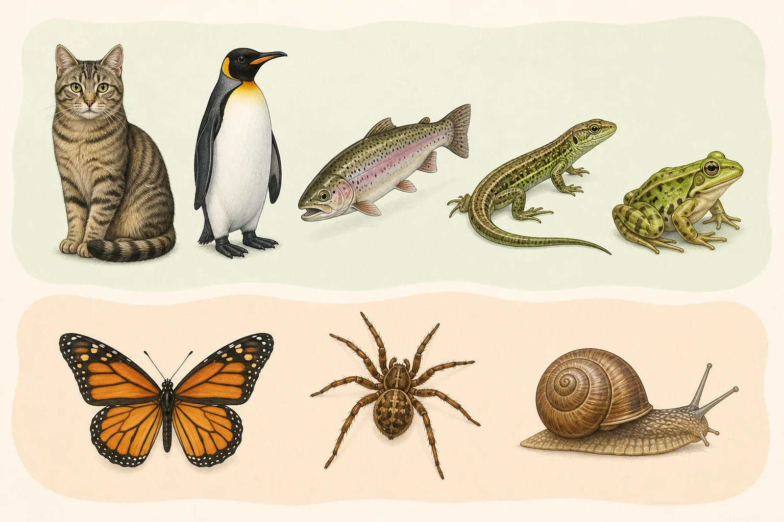 Dos zonas muestran ocho animales completos: arriba un gato, un pingüino, una trucha, una lagartija y una rana; abajo una mariposa, una araña y un caracol.