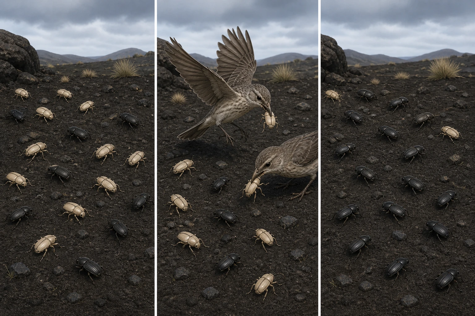 Tres paneles sobre suelo oscuro: población inicial de escarabajos claros y oscuros, aves capturando sobre todo escarabajos claros y población posterior con más escarabajos oscuros pero con ambos colores presentes.