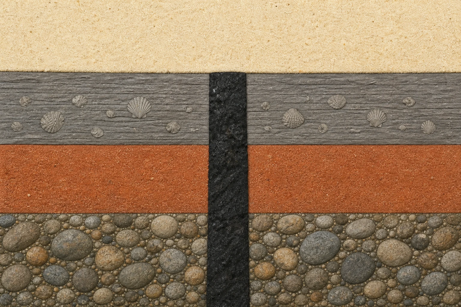 Corte con tres capas sedimentarias inferiores —cantos, arena rojiza y lutita gris con fósiles— atravesadas por un dique negro vertical; una capa clara superior cubre el dique sin estar cortada.