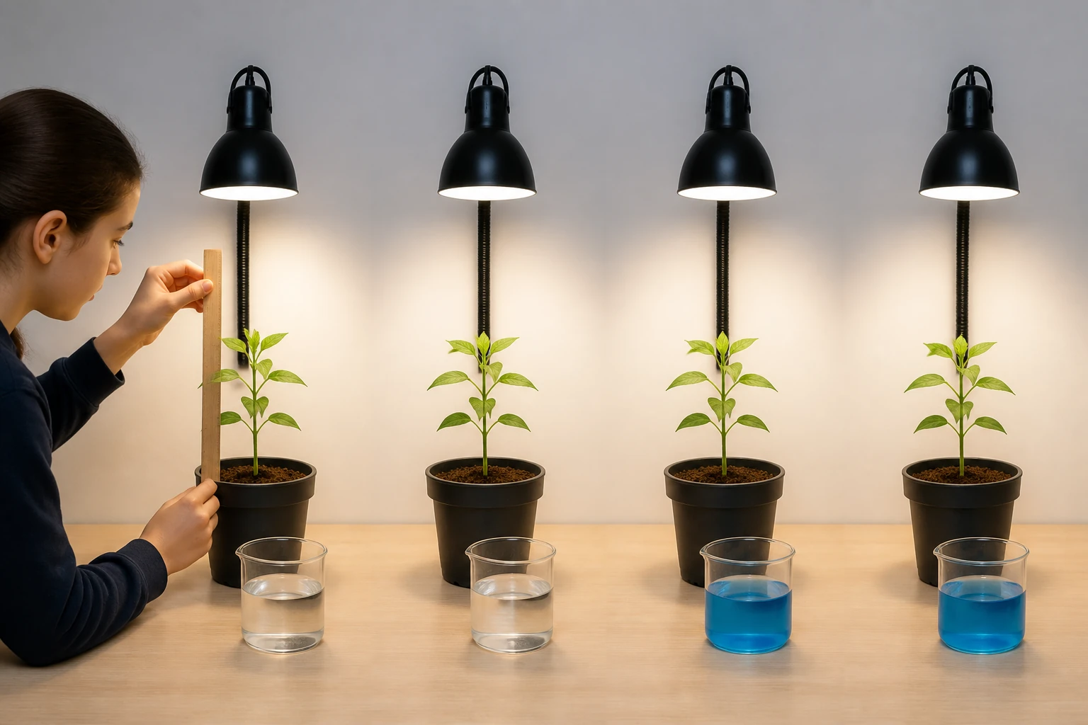 Cuatro plantas jóvenes iguales bajo cuatro lámparas a la misma distancia; delante de las dos plantas izquierdas hay vasos con agua transparente y delante de las dos derechas vasos con solución azul; una estudiante mide una altura.