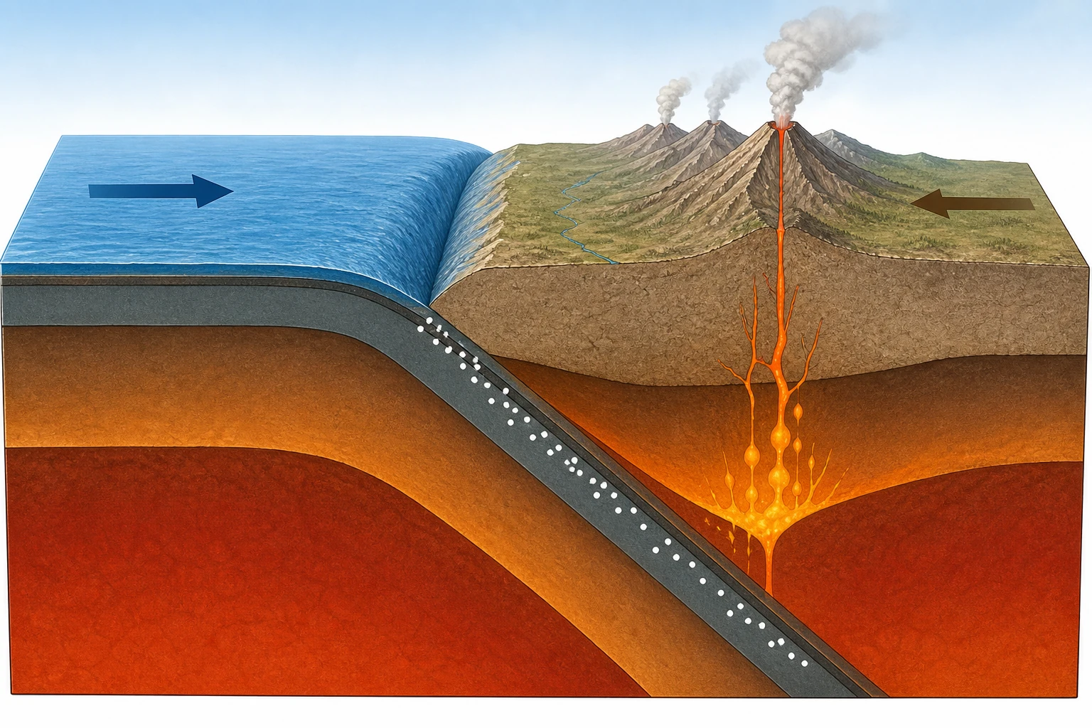 Corte de un borde convergente con placa oceánica desde la izquierda que se curva bajo una placa continental, fosa en el contacto, puntos sísmicos inclinados y volcanes sobre el continente.