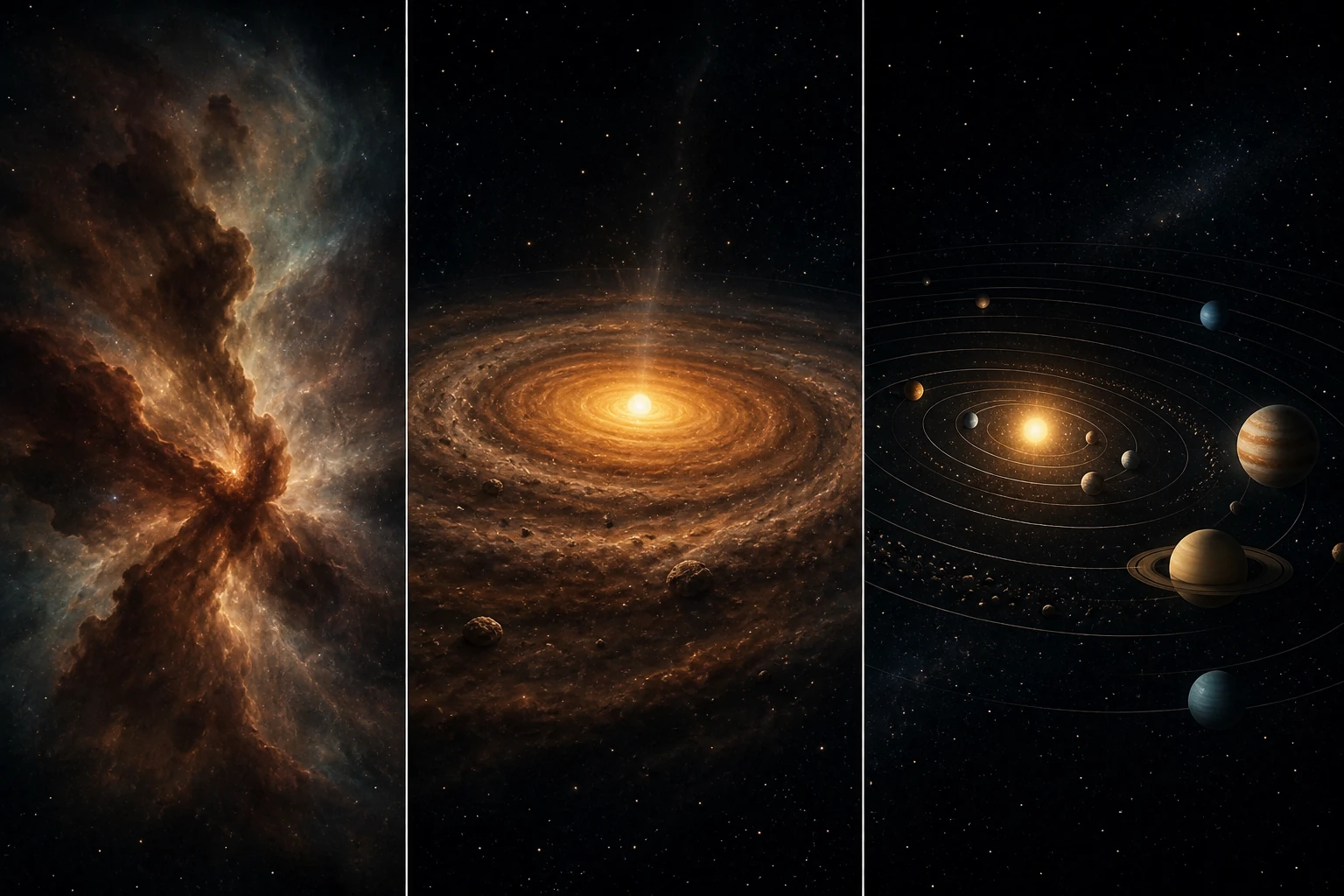 Tres paneles: nube interestelar de gas y polvo, disco protoplanetario con protoestrella central y sistema planetario joven con varios cuerpos en órbitas aproximadamente coplanares.