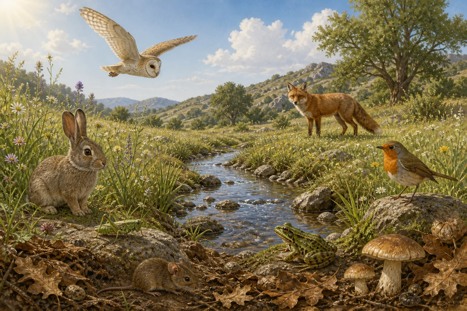 Pradera con sol, suelo, agua, hierbas y flores, saltamontes, conejo, ratón, rana, pequeño pájaro, lechuza, zorro, hongos y hojarasca, todos visibles en una escena continua.
