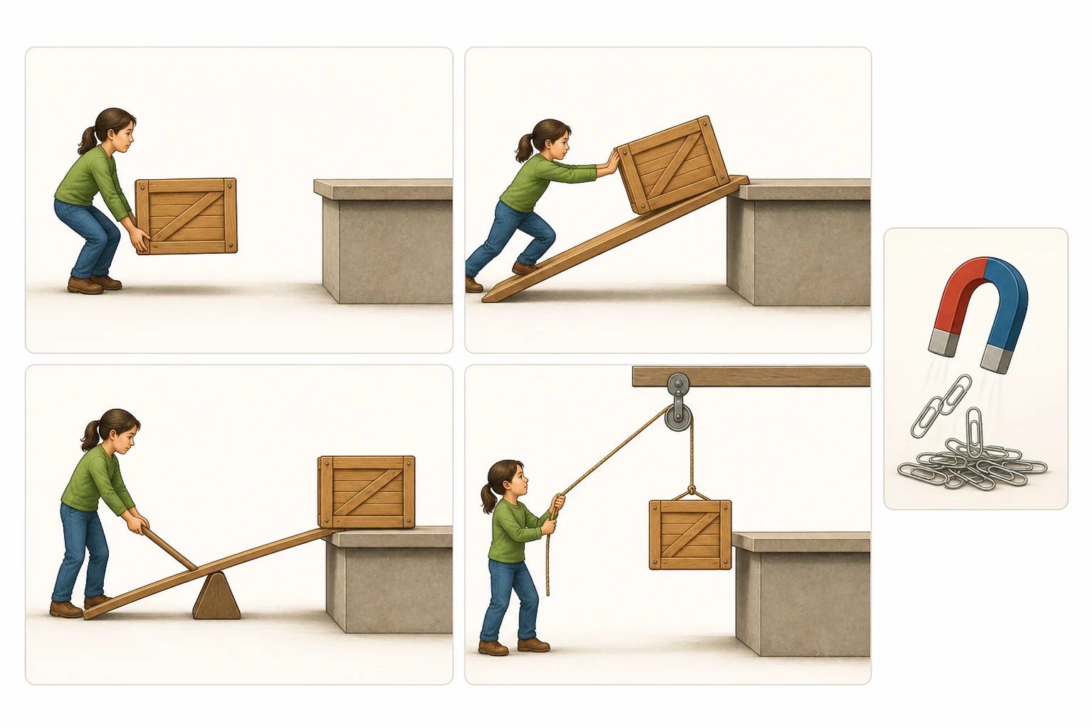 Cuatro paneles muestran la misma caja de madera y la misma plataforma: elevación directa, subida por rampa, elevación con palanca y elevación con una polea fija; un recuadro separado muestra un imán atrayendo clips sin tocarlos.