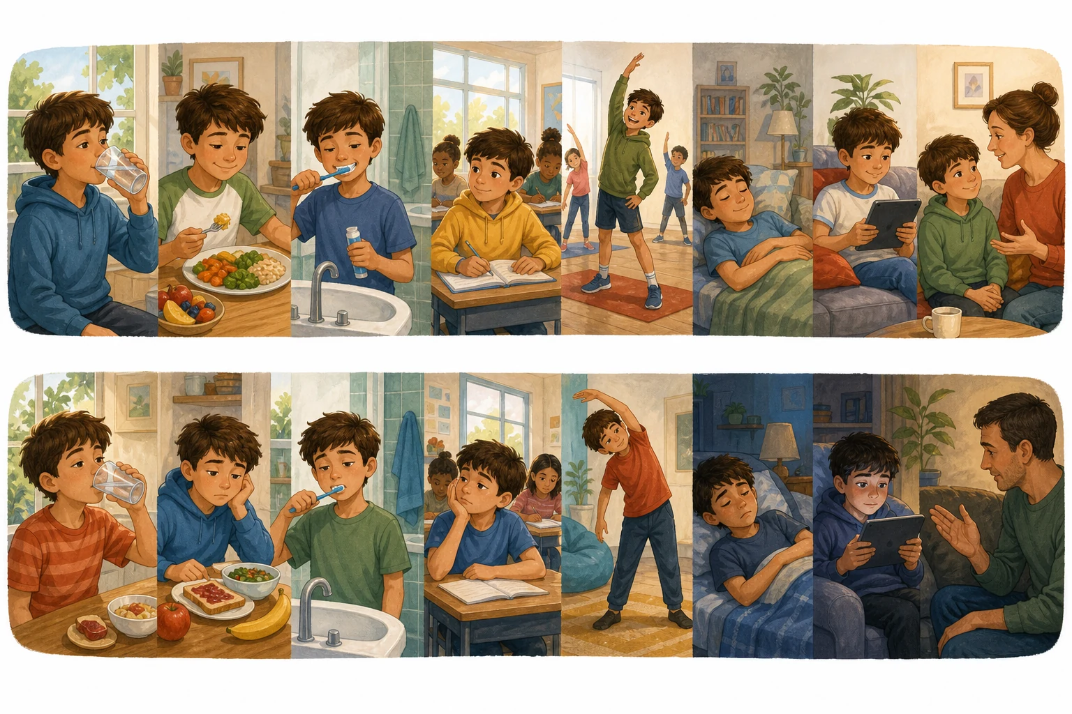 Dos secuencias del mismo niño en días distintos muestran agua, alimentos variados, higiene, clase, pausas de movimiento, descanso, uso de una tableta y conversación con una persona adulta.