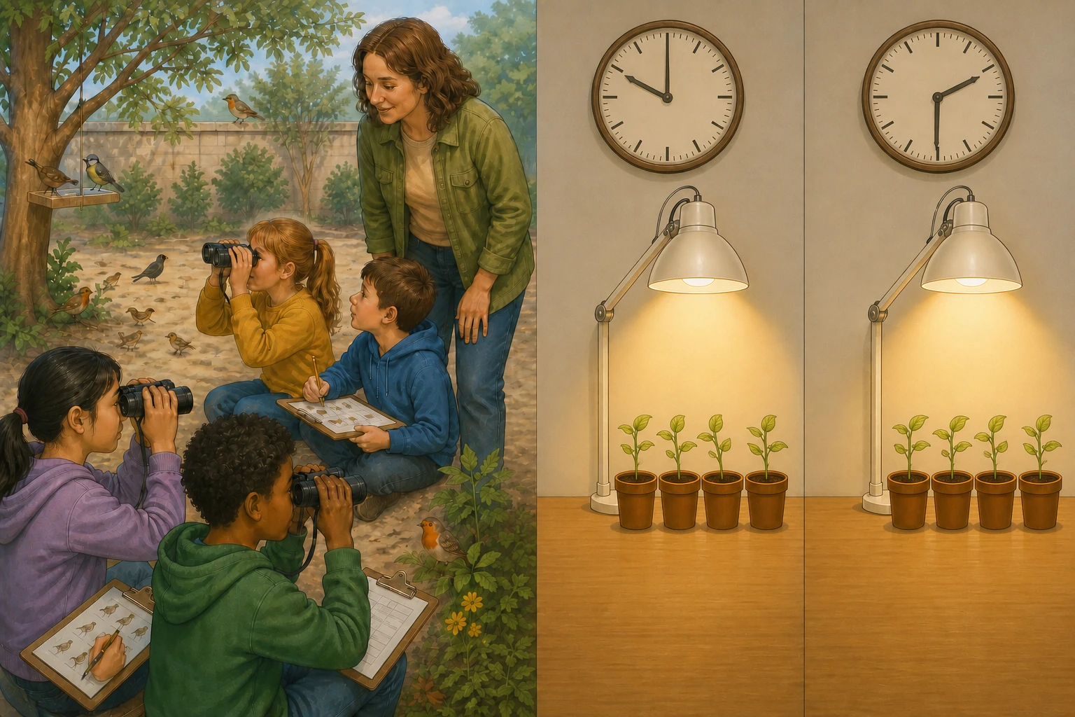 Dos investigaciones escolares separadas: un equipo observa aves del patio con prismáticos y tabla durante varias visitas, y otro compara dos grupos de plantas iguales bajo distinta duración de luz mientras mide todos los ejemplares.