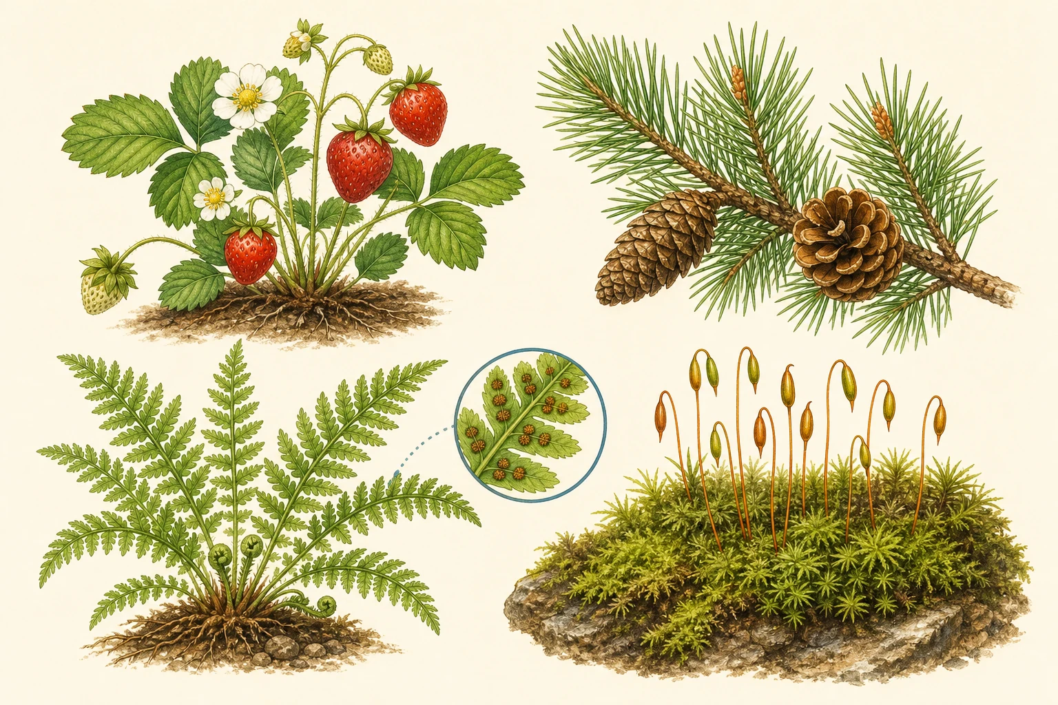 Cuatro plantas completas y separadas: una planta de fresa con flores y frutos, una rama de pino con conos, un helecho con detalle del reverso de una fronde y un musgo con cápsulas de esporas.
