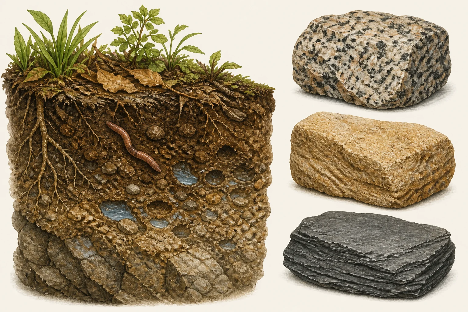 Corte de un suelo natural con vegetación, raíces, hojarasca, pequeños organismos, poros con aire y agua, fragmentos minerales y roca inferior; al lado aparecen muestras de granito, arenisca y pizarra.