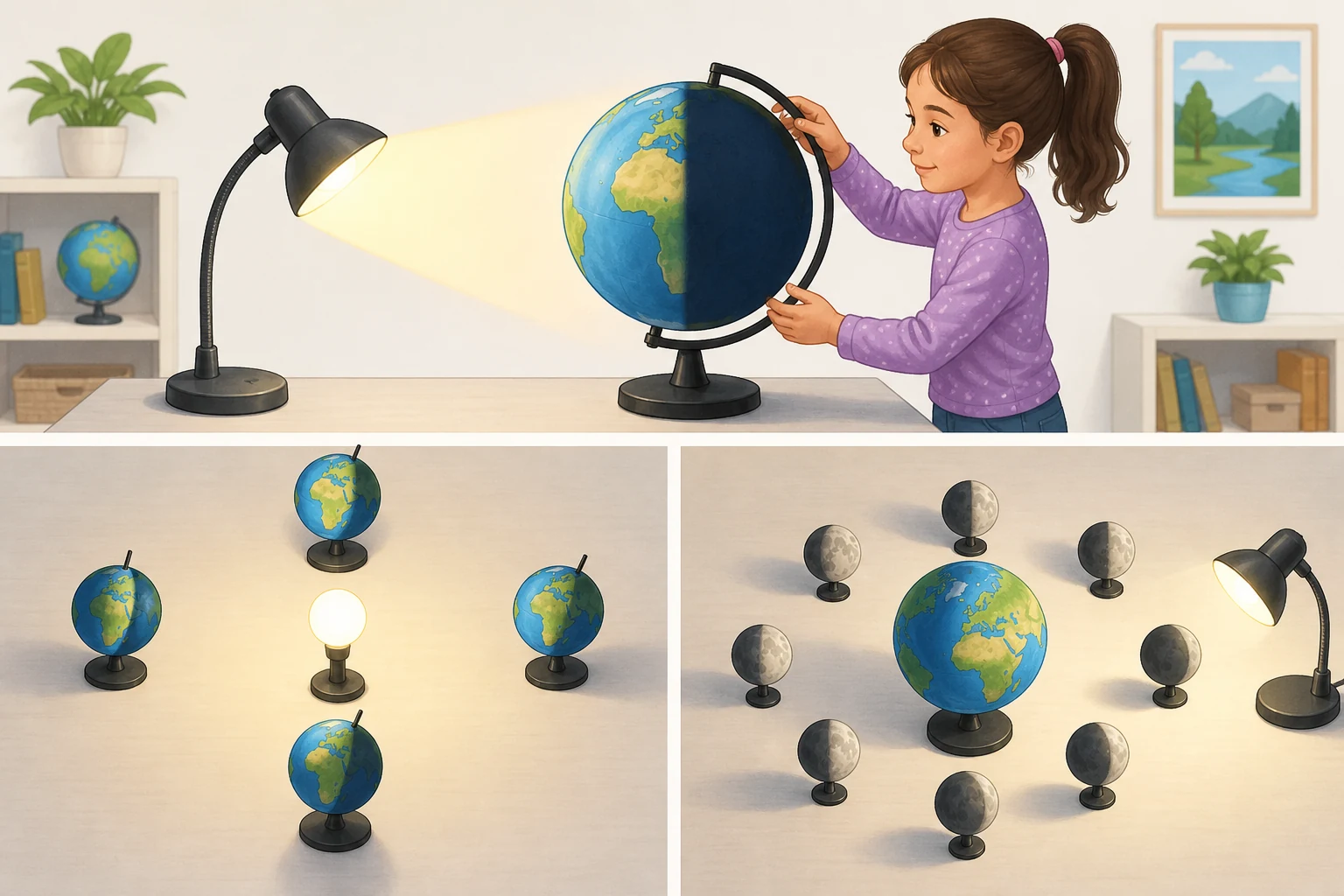Aula con tres montajes separados: una lámpara ilumina medio globo mientras una alumna lo gira; cuatro posiciones del mismo globo con eje inclinado rodean una lámpara; una esfera pequeña ocupa varias posiciones alrededor del globo.