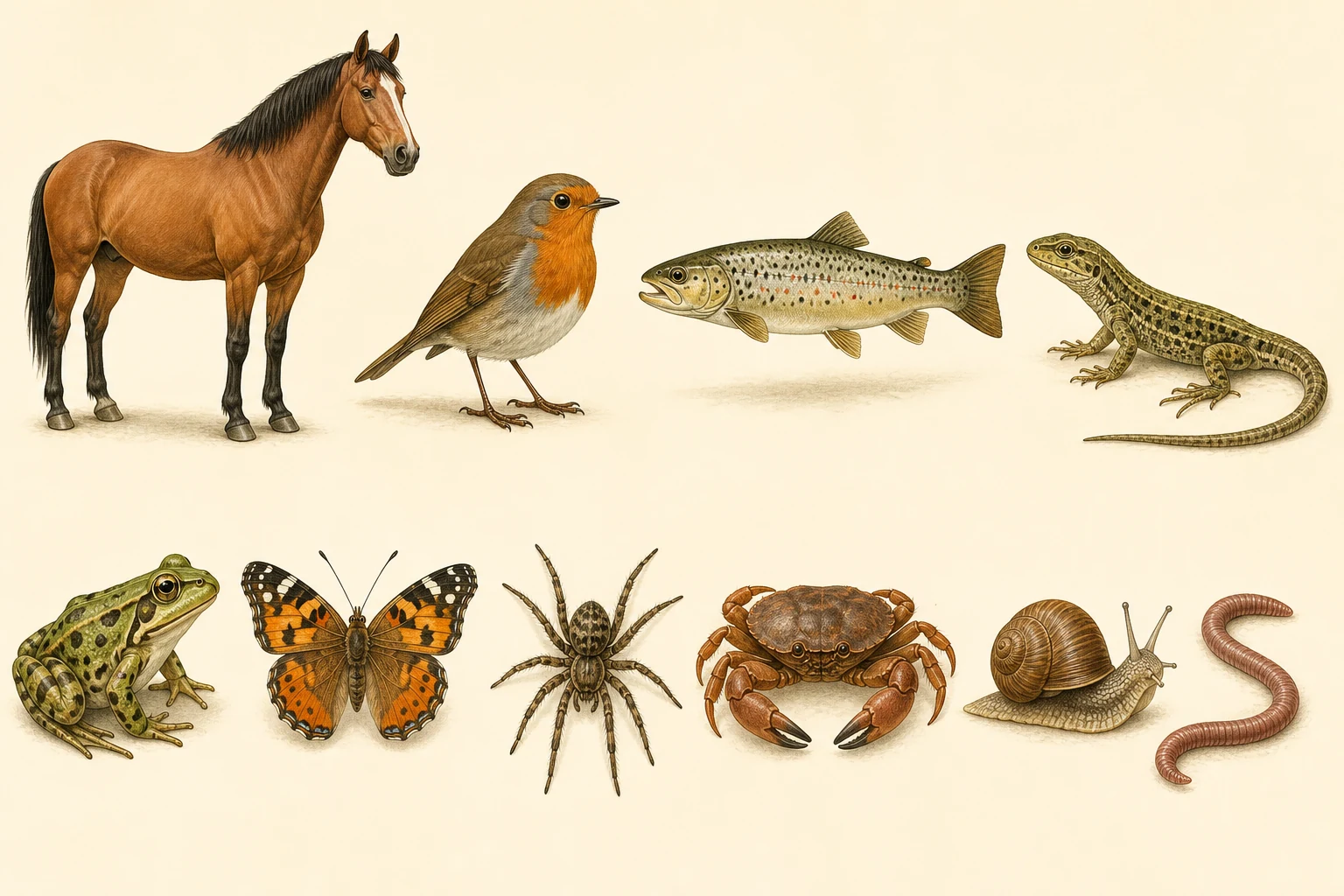 Colección naturalista ordenada de diez animales completos: caballo, petirrojo, trucha, lagarto, rana, mariposa, araña, cangrejo, caracol y lombriz.