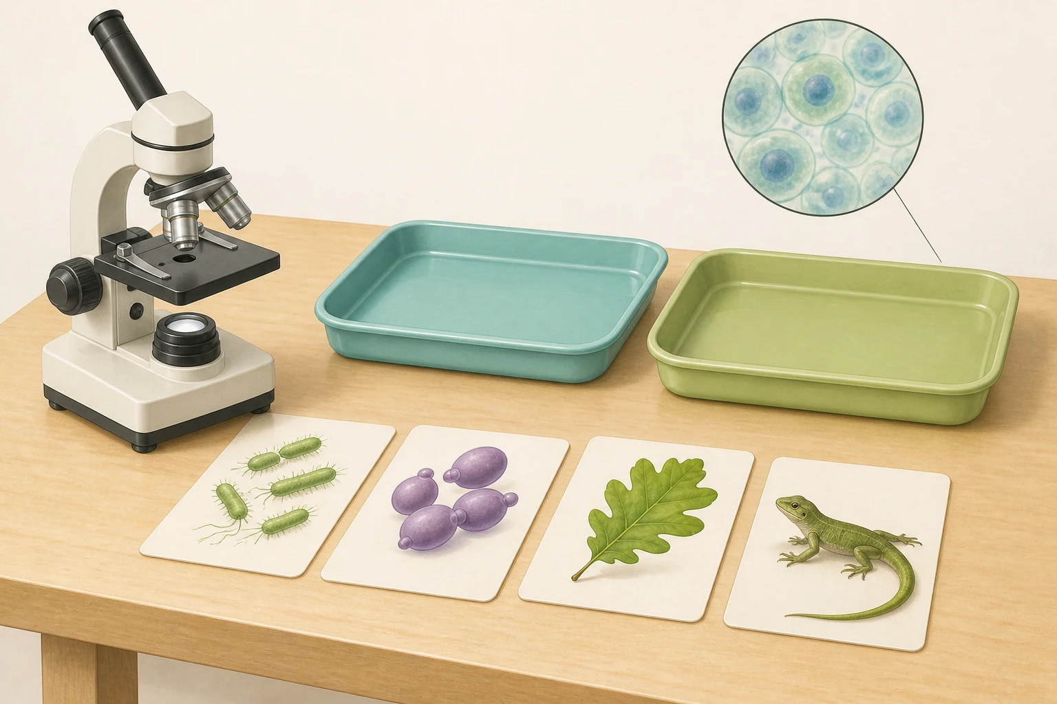 Mesa de ciencias sin rótulos con microscopio, cuatro tarjetas visuales —bacteria, levadura, hoja de roble y lagarto— y dos bandejas de clasificación; una ampliación circular muestra células sin asignar nombres de reino.