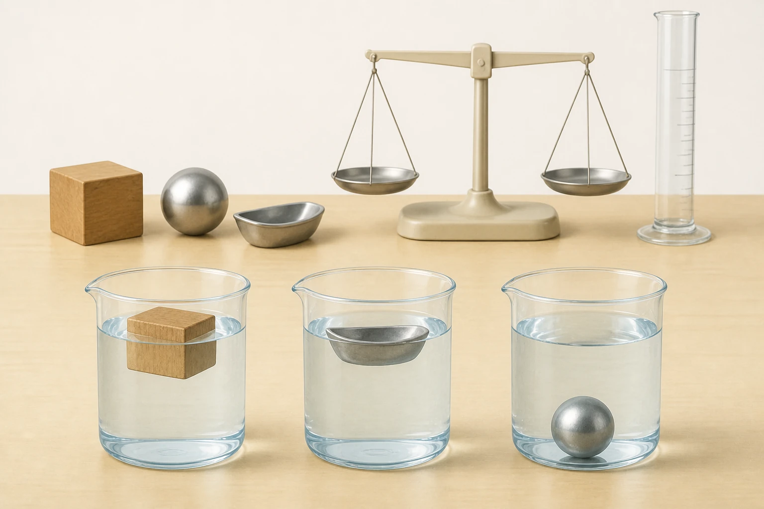 Mesa de laboratorio sin texto con tres objetos —bloque de madera, esfera metálica y casco hueco metálico— junto a una balanza y una probeta; en tres vasos iguales, madera y casco flotan y la esfera maciza se hunde.