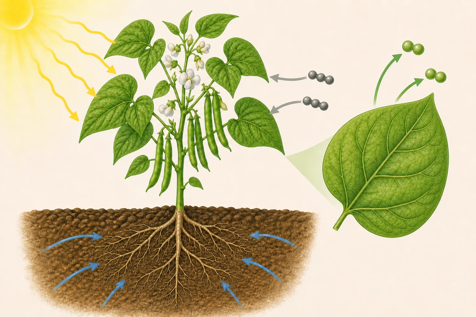 Planta con flor y gran hoja ampliada, sin texto; flechas de colores diferenciados muestran agua desde las raíces, dióxido de carbono hacia la hoja, oxígeno hacia el aire y luz como rayos que llegan a la hoja, sin convertir la luz en una sustancia.