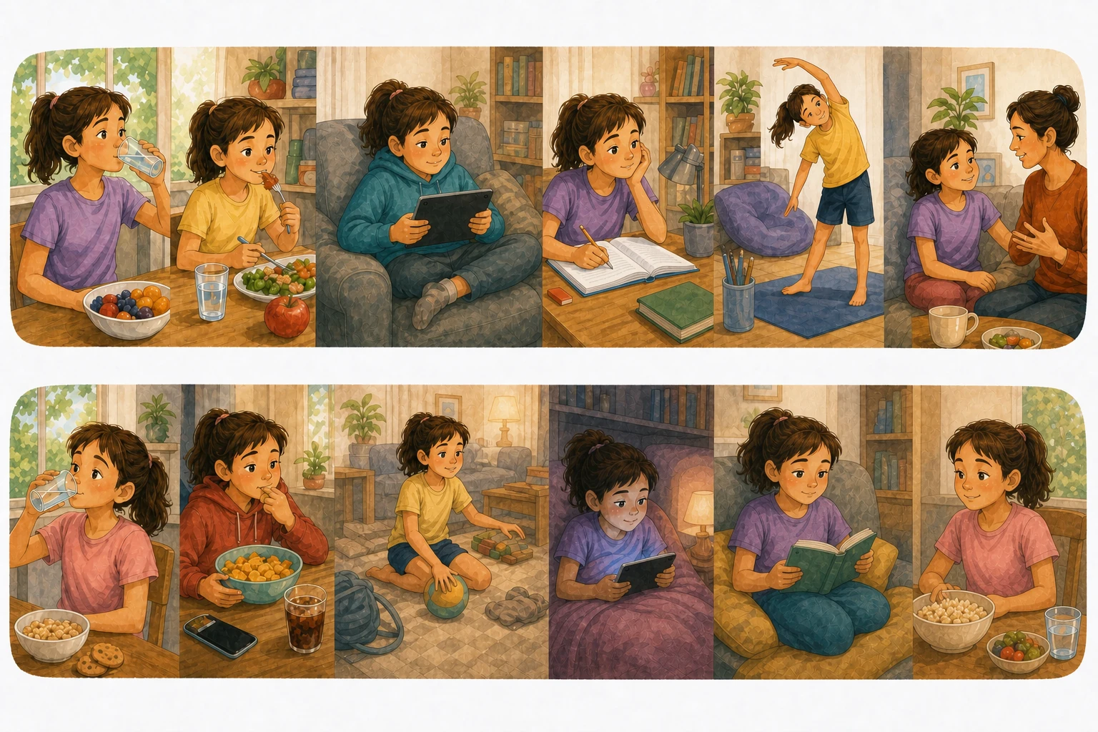 Dos secuencias paralelas sin texto muestran a la misma niña durante una tarde: en ambas combina comida, agua, movimiento, estudio, pantalla, descanso y conversación, pero con decisiones distintas y ninguna rutina perfecta.