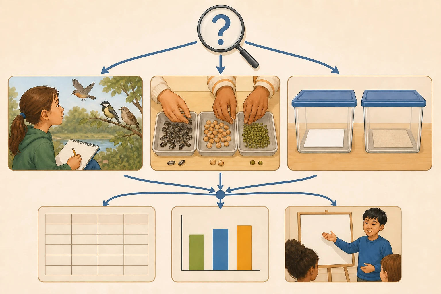 Diagrama horizontal sin texto que se bifurca desde una pregunta: una rama muestra observación de aves con cuaderno, otra clasificación de semillas y otra comparación de dos papeles con recipientes idénticos; las tres convergen en tabla, gráfica y comunicación.