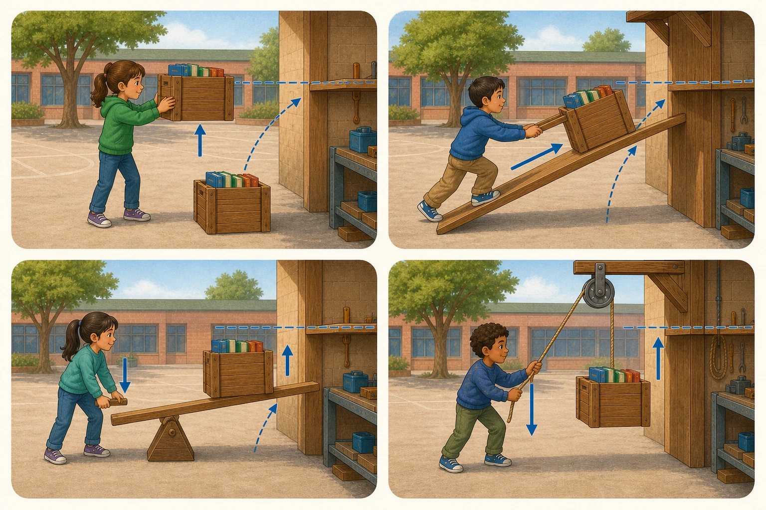 Cuatro viñetas sin texto muestran la misma caja elevada directamente, por una rampa larga, con una palanca y mediante una polea fija; las flechas de fuerza y los recorridos son visibles y la polea fija cambia la dirección sin mostrar una carga reducida.