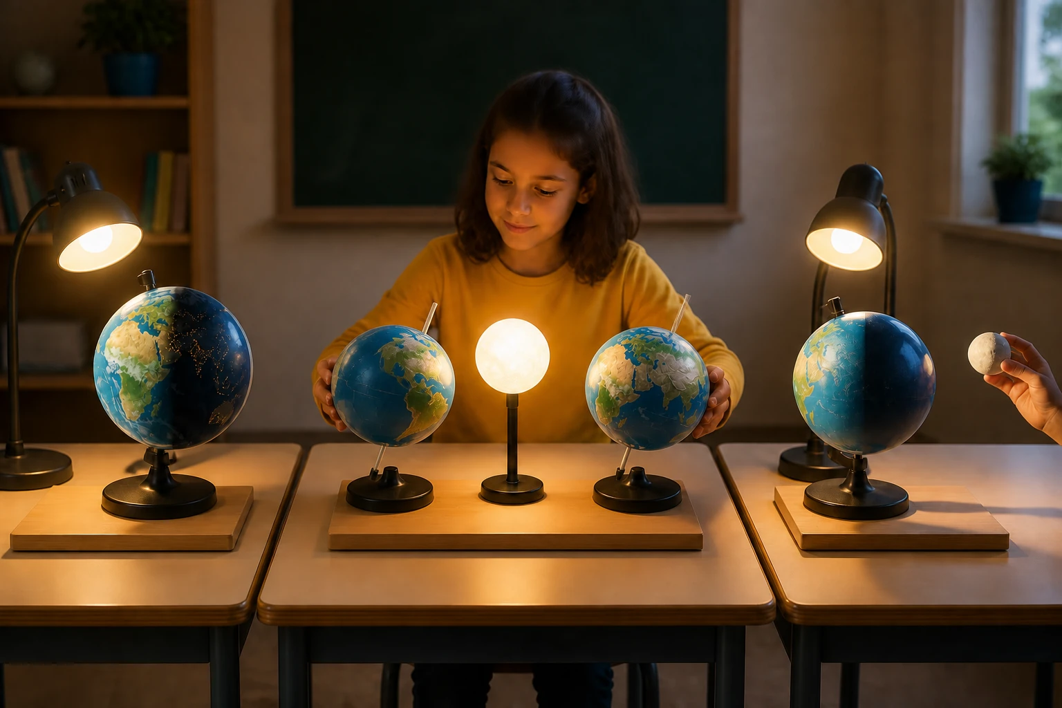 Aula de ciencias sin rótulos con una alumna y tres estaciones: lámpara con globo para día y noche, dos globos con ejes paralelos en posiciones opuestas para estaciones y lámpara-globo-bola para fases lunares; proporciones claramente de modelo.