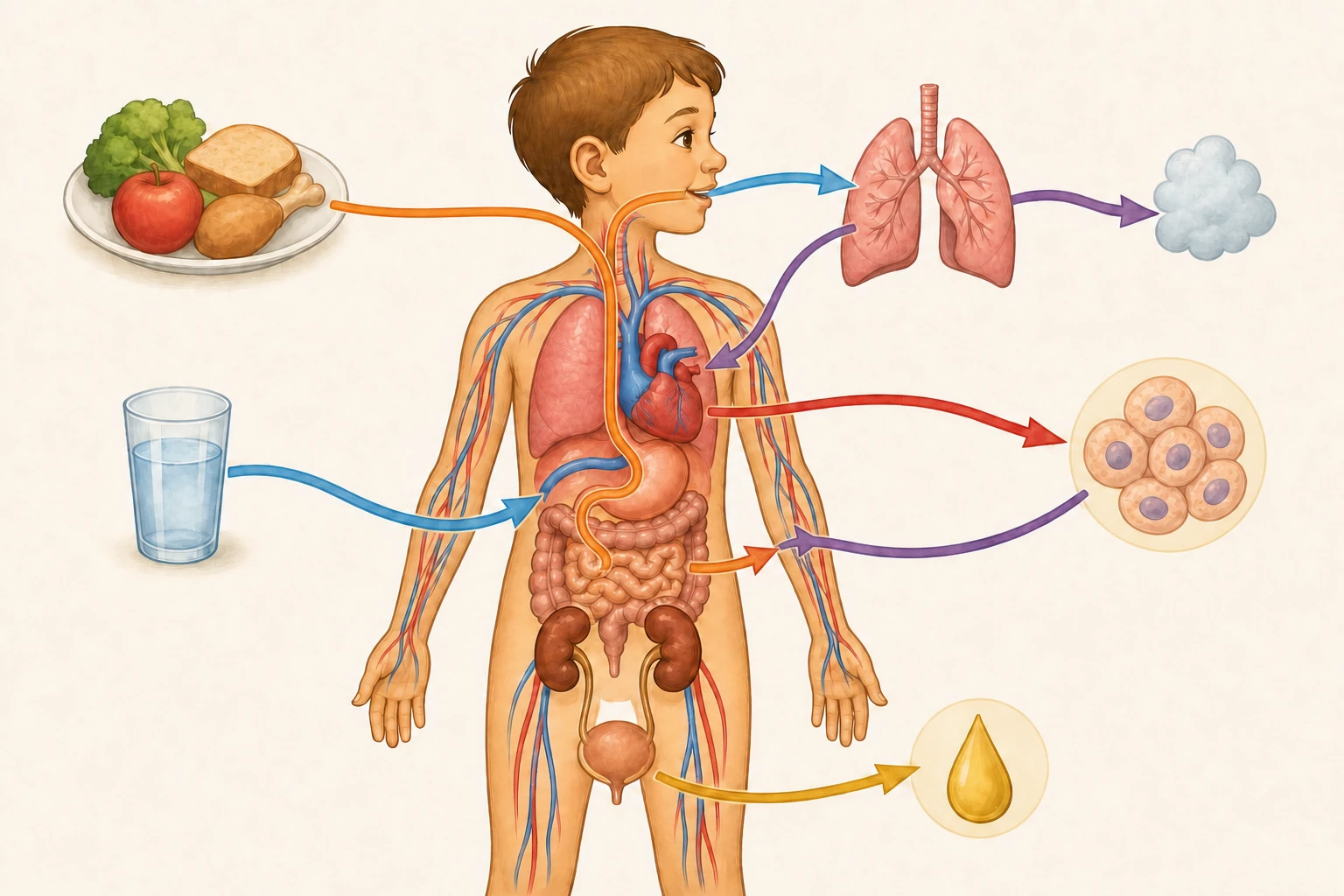 Figura horizontal sin rótulos: un cuerpo infantil simplificado conecta tubo digestivo, pulmones, corazón y riñones mediante vasos; flechas de colores muestran alimento y agua hacia el intestino, oxígeno hacia la sangre, transporte a células y salidas de dióxido de carbono y orina.