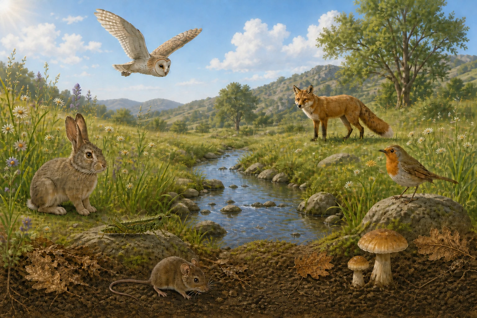 Escena sin rótulos de un prado con arroyo, hierbas, saltamontes, conejo, ratón de campo, pequeña ave insectívora, lechuza, zorro, hongos y hojarasca; los organismos aparecen separados y no hay flechas que anticipen las relaciones.