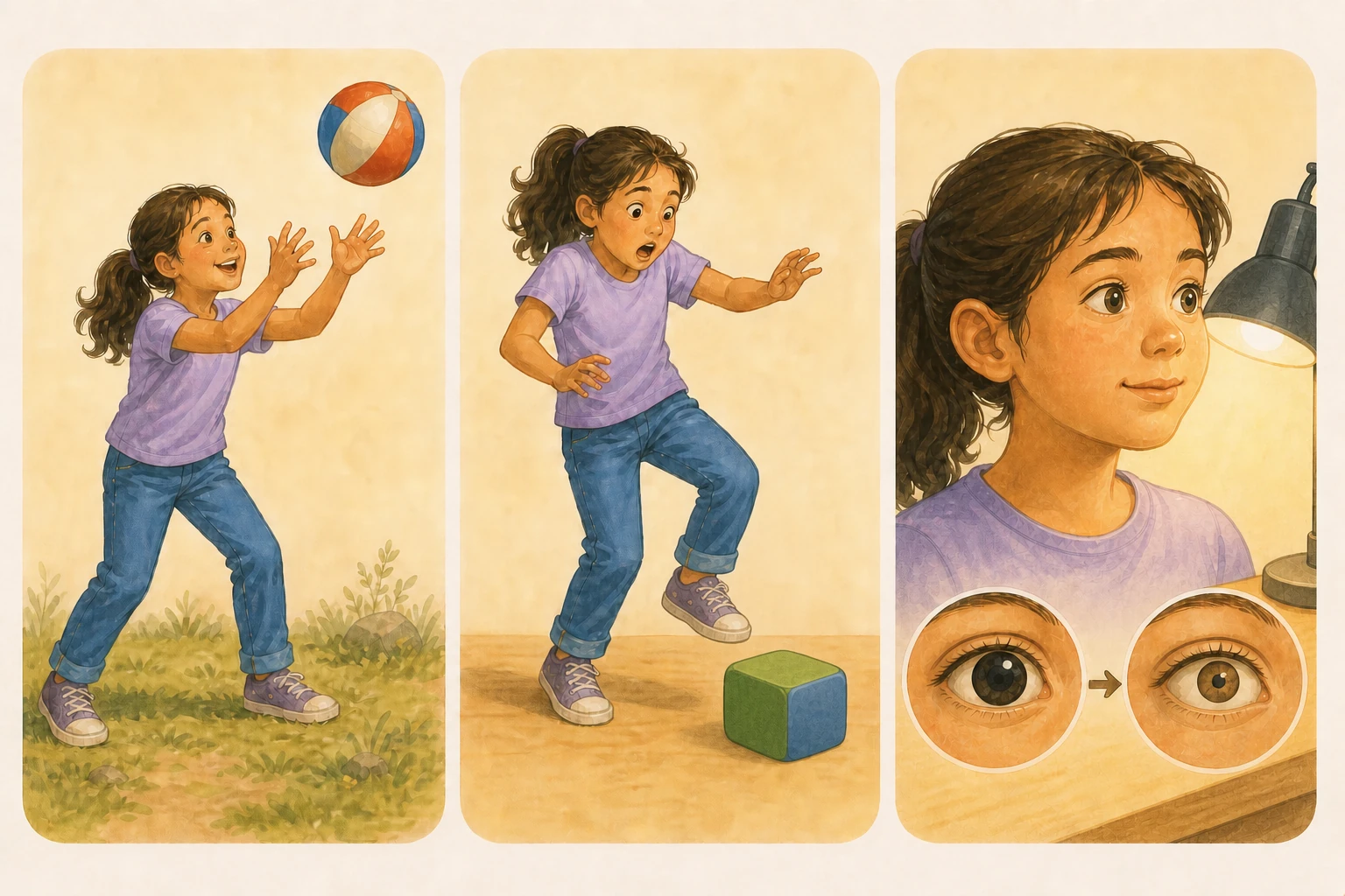 Ilustración horizontal sin texto con tres escenas: una niña ve una pelota y extiende las manos de forma voluntaria; en paralelo retira rápidamente un pie ante el contacto inesperado con un bloque de espuma, mientras un tercer detalle muestra una pupila que se contrae con luz.
