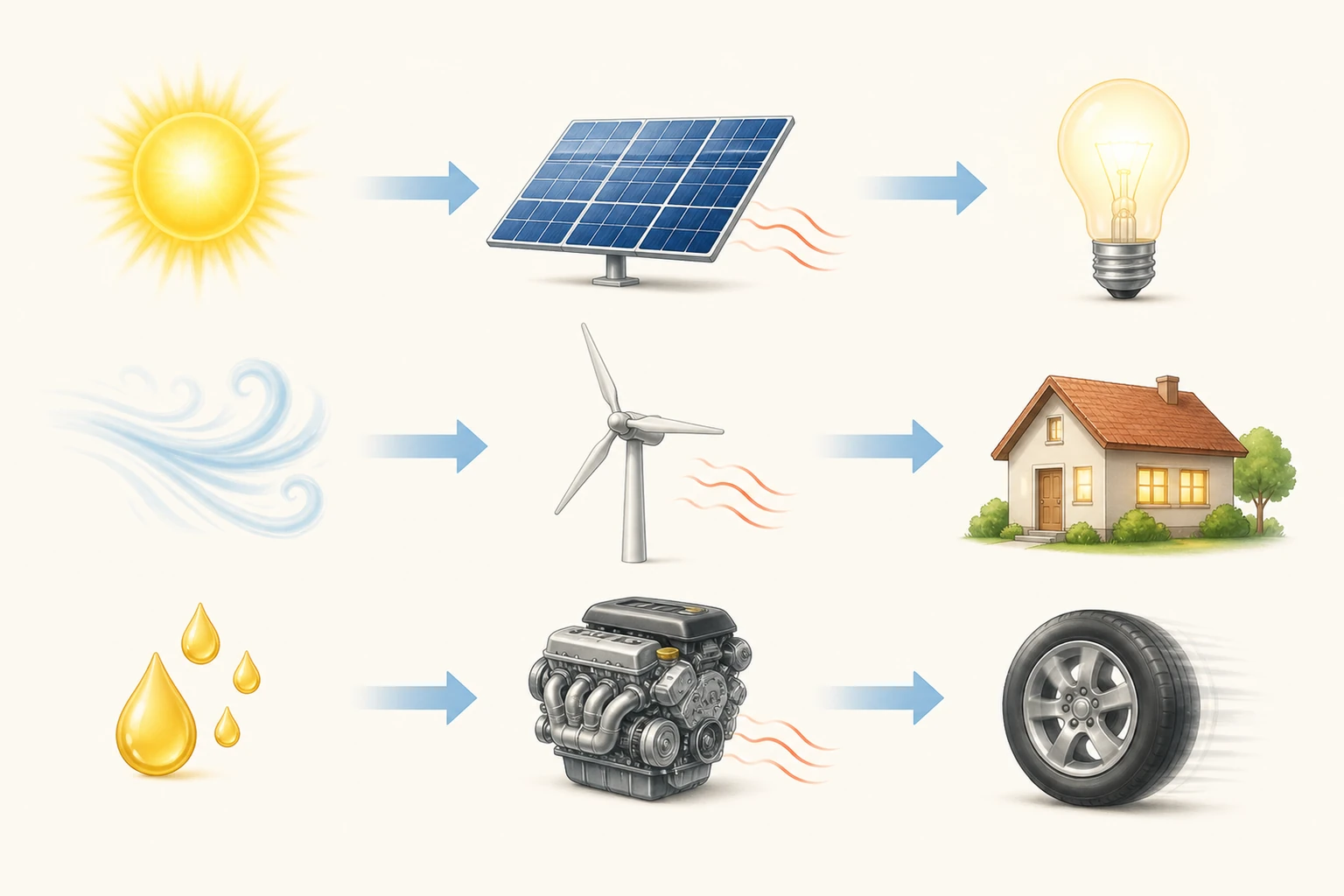 Tres bandas sin texto muestran Sol-panel-lámpara, viento-aerogenerador-casa y combustible-motor-rueda; flechas principales conectan entradas y salidas y pequeñas ondas térmicas aparecen en todos los dispositivos sin ocultar la salida útil.