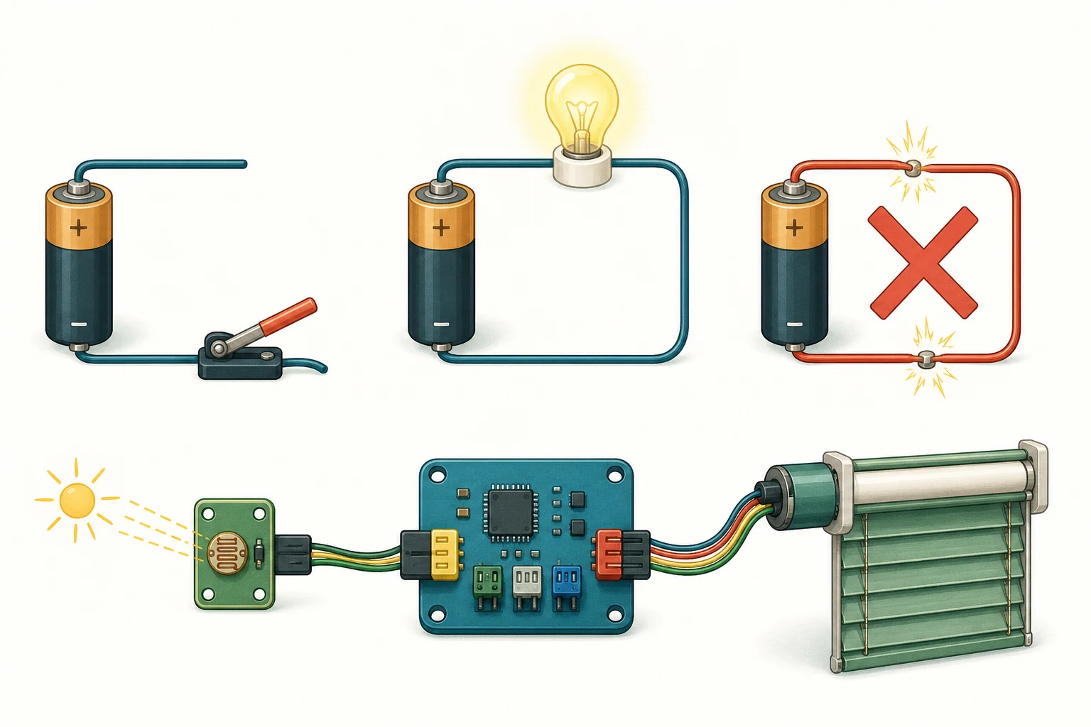 Panel sin rótulos con tres circuitos escolares claramente separados: uno con interruptor abierto, otro cerrado a través de una bombilla encendida y un tercero marcado visualmente como atajo prohibido; debajo, sensor, controlador y motor.