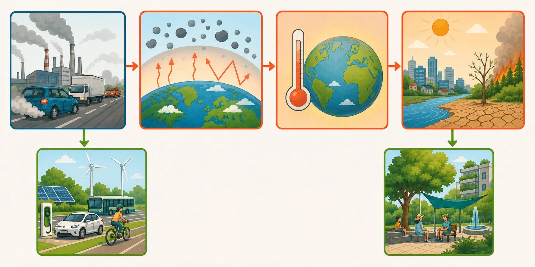 Mapa visual sin texto con una central y tráfico que conducen a una atmósfera con más gases, después a calor y sequía, y dos ramas de acción: reducción de emisiones y refugio climático.