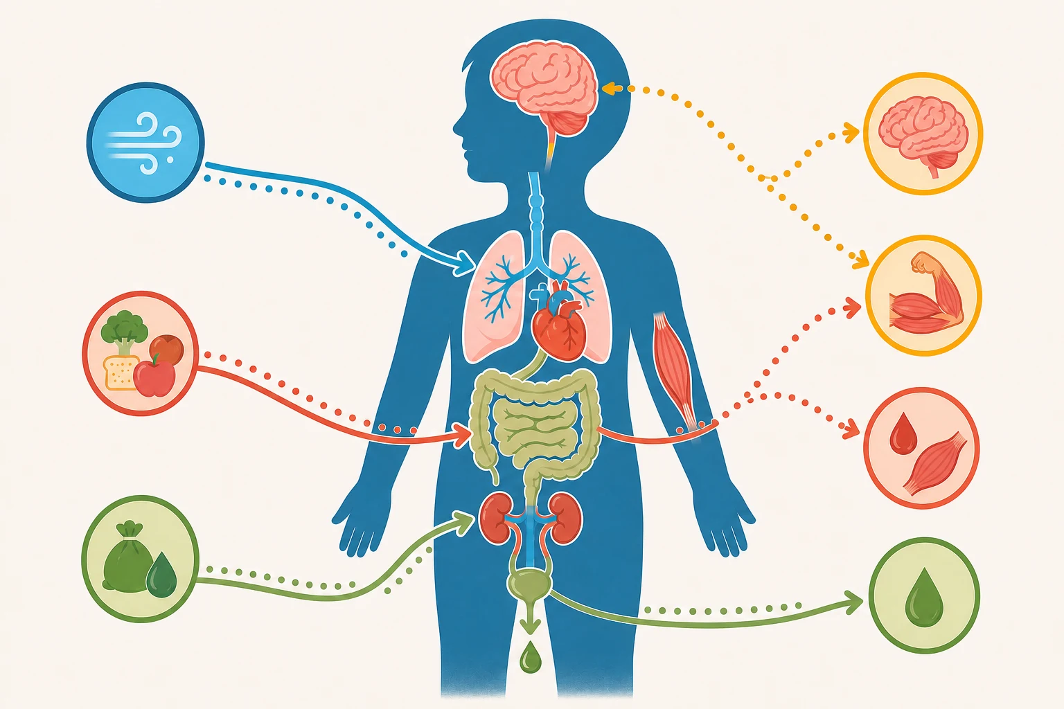 Silueta infantil neutra con pulmones, corazón, intestino, riñones, cerebro y músculos conectados por cuatro recorridos de color sin rótulos integrados.