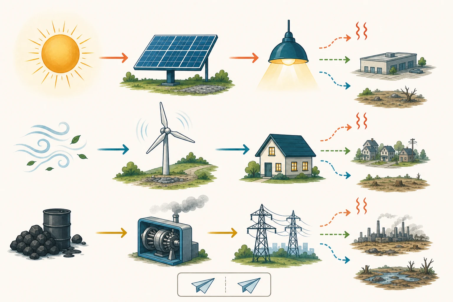 Tres cadenas visuales sin texto conectan sol con panel y lámpara, viento con aerogenerador y hogar, y combustible con turbina y red; un avión de papel aparece como pequeño caso de prueba.