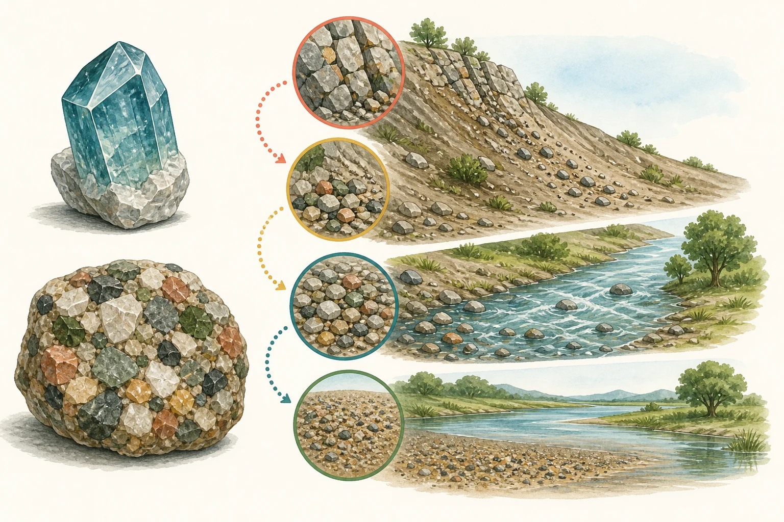 A la izquierda aparecen un cristal mineral y una roca con varios granos; a la derecha, una ladera y un río muestran fragmentación, retirada, desplazamiento y depósito en cuatro zonas sin rótulos.