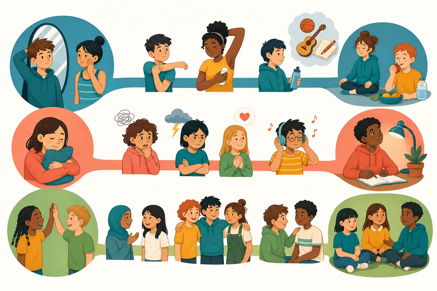 Tres carriles visuales sin rótulos muestran crecimiento corporal, gestión de emociones y relaciones respetuosas, con alumnado diverso avanzando a ritmos distintos.