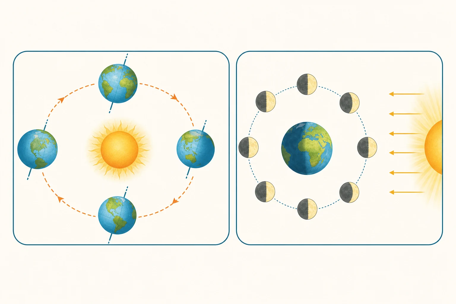 Dos paneles sin texto: una Tierra inclinada recibe luz solar en cuatro posiciones orbitales y una Luna ocupa ocho posiciones alrededor de la Tierra, con su mitad iluminada siempre orientada al Sol.