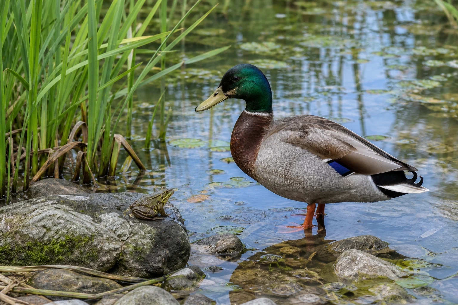 Un pato y una rana junto al agua de un estanque, con juncos, rocas y plantas acuáticas.