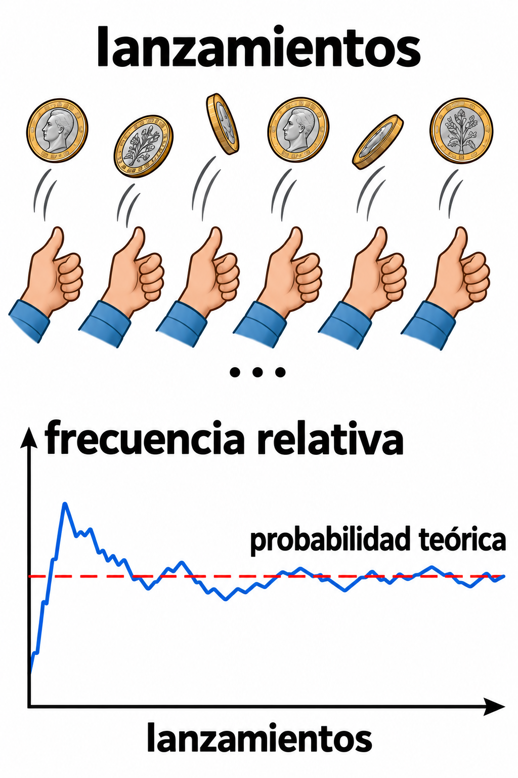 Moneda en lanzamientos sucesivos y gráfica irregular de frecuencia relativa que fluctúa alrededor de una referencia discontinua.