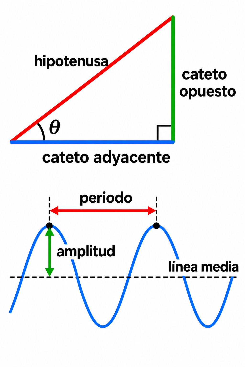 Arriba, triángulo rectángulo con hipotenusa roja, cateto opuesto verde y cateto adyacente azul respecto a θ. Abajo, onda azul con amplitud verde, periodo rojo y línea media discontinua.