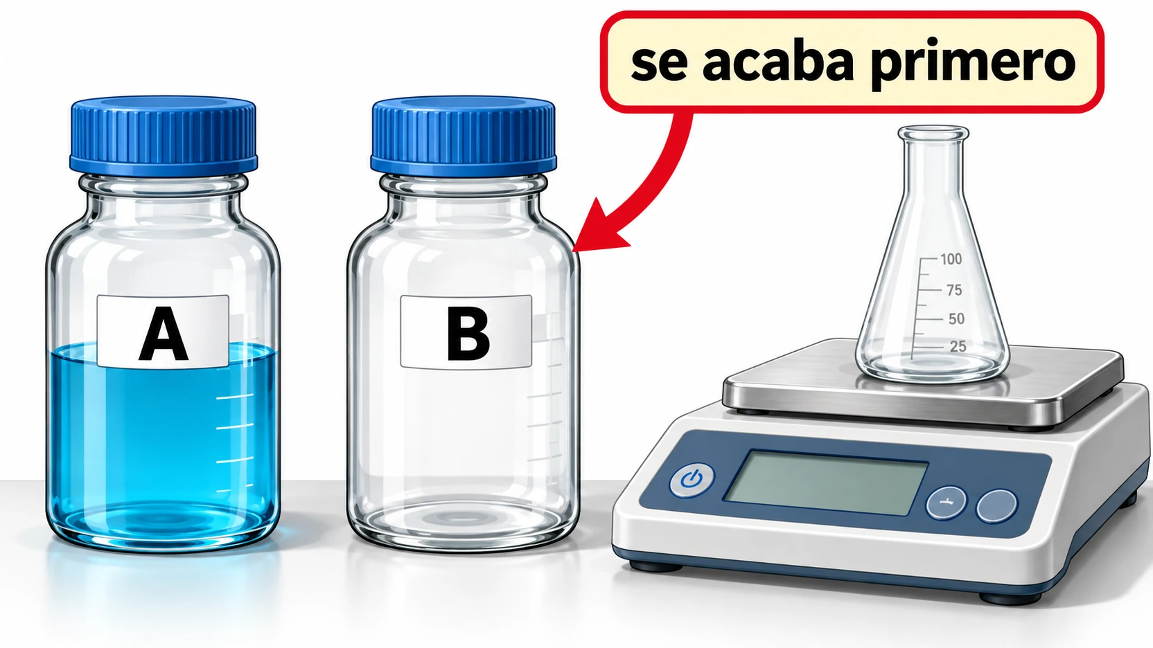 Dos recipientes de reactivos A y B, el segundo vacío y señalado como el que se acaba primero, junto a un matraz sobre una balanza.