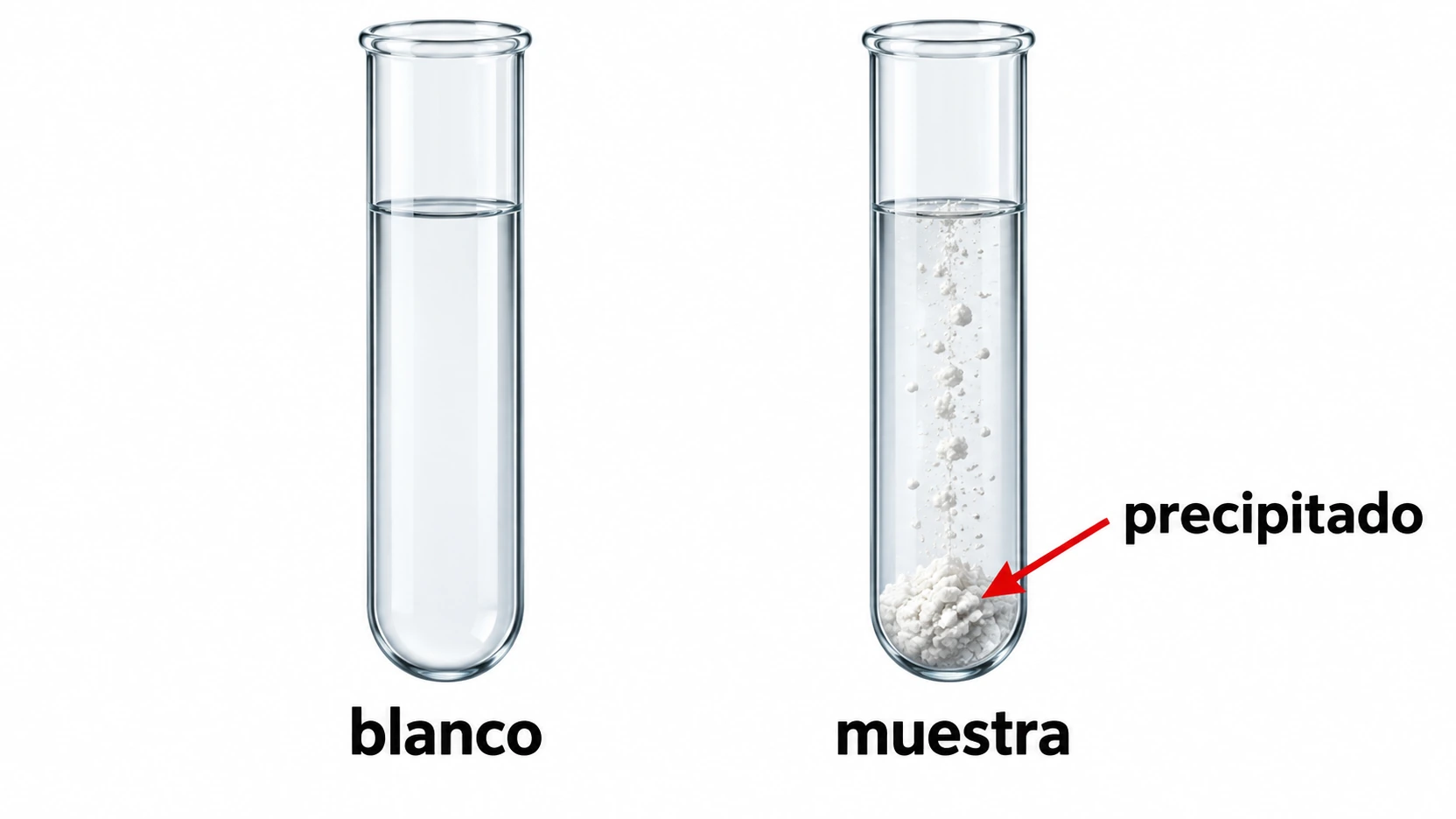 Un tubo de ensayo sin precipitado junto a una muestra con un depósito sólido en el fondo, señalado con una flecha.