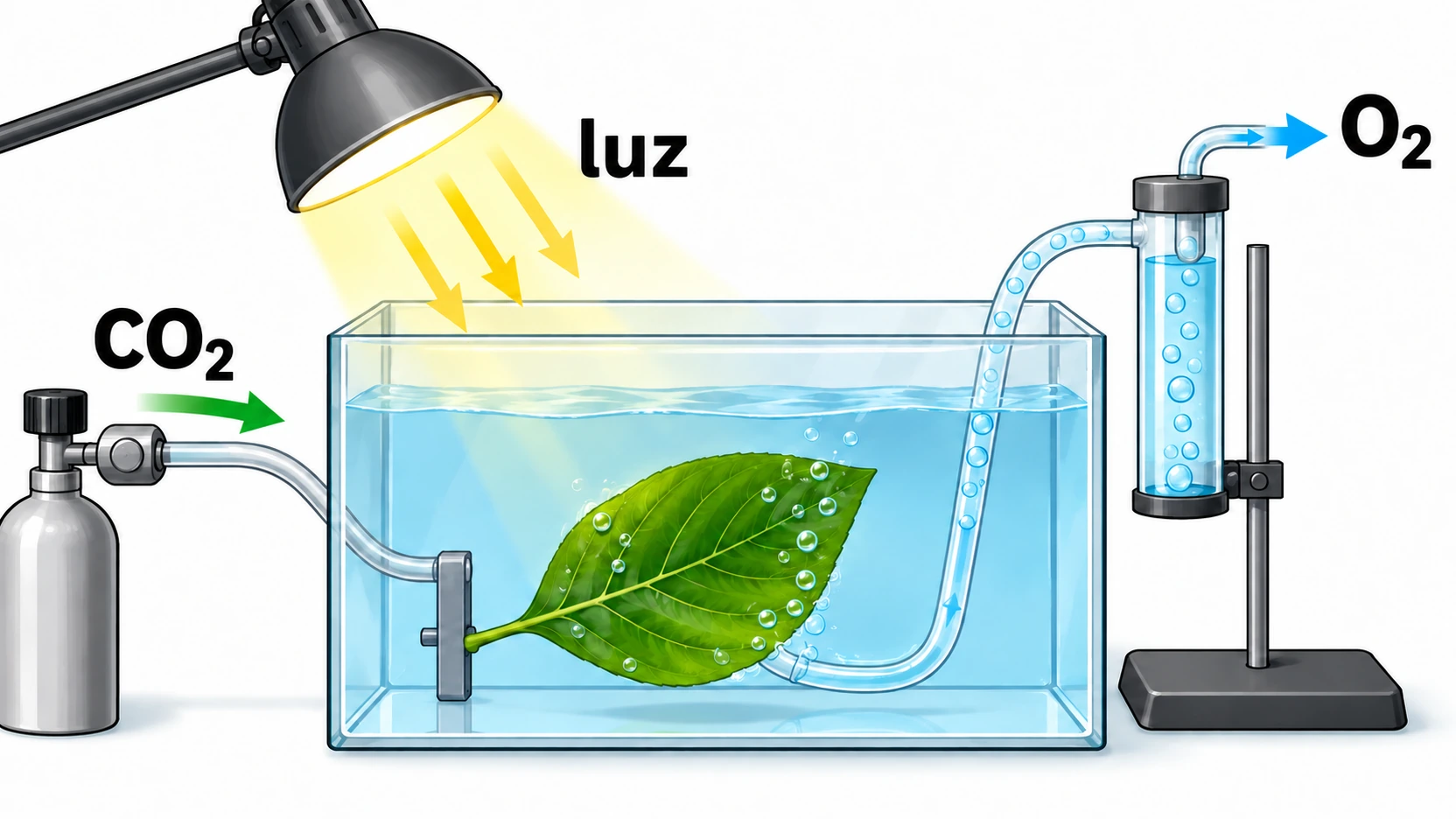 Una hoja iluminada dentro del agua recibe dióxido de carbono y desprende burbujas de oxígeno recogidas en un tubo.