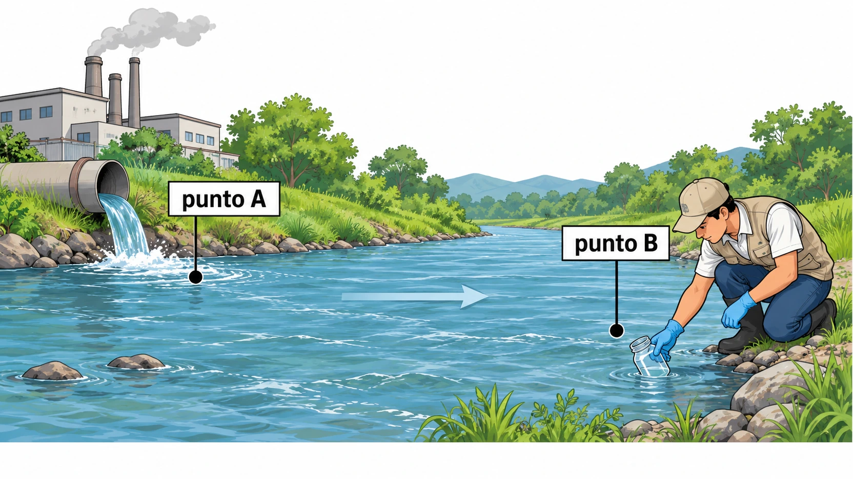 Una tubería vierte agua al río en el punto A; aguas abajo, una persona con guantes toma una muestra en el punto B.