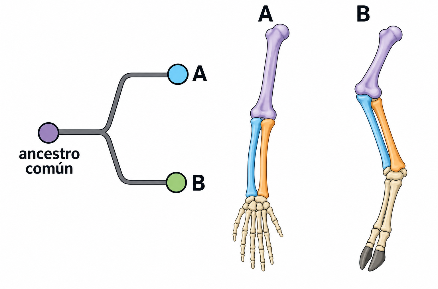 Árbol hipotético con un ancestro y dos linajes A y B; sus extremidades conservan la correspondencia entre tres piezas óseas, aunque difieren en proporciones y función. Ningún linaje actual se coloca como antepasado del otro.