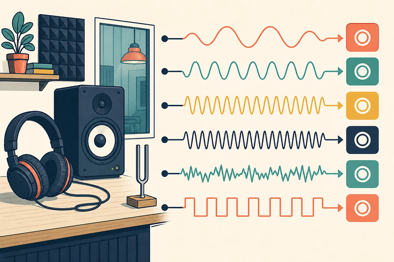 A people-free sound studio with six distinct waveforms leading to six coloured tiles.