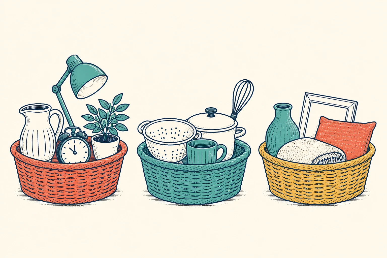 Three equal-sized baskets in different colours contain varied household objects.