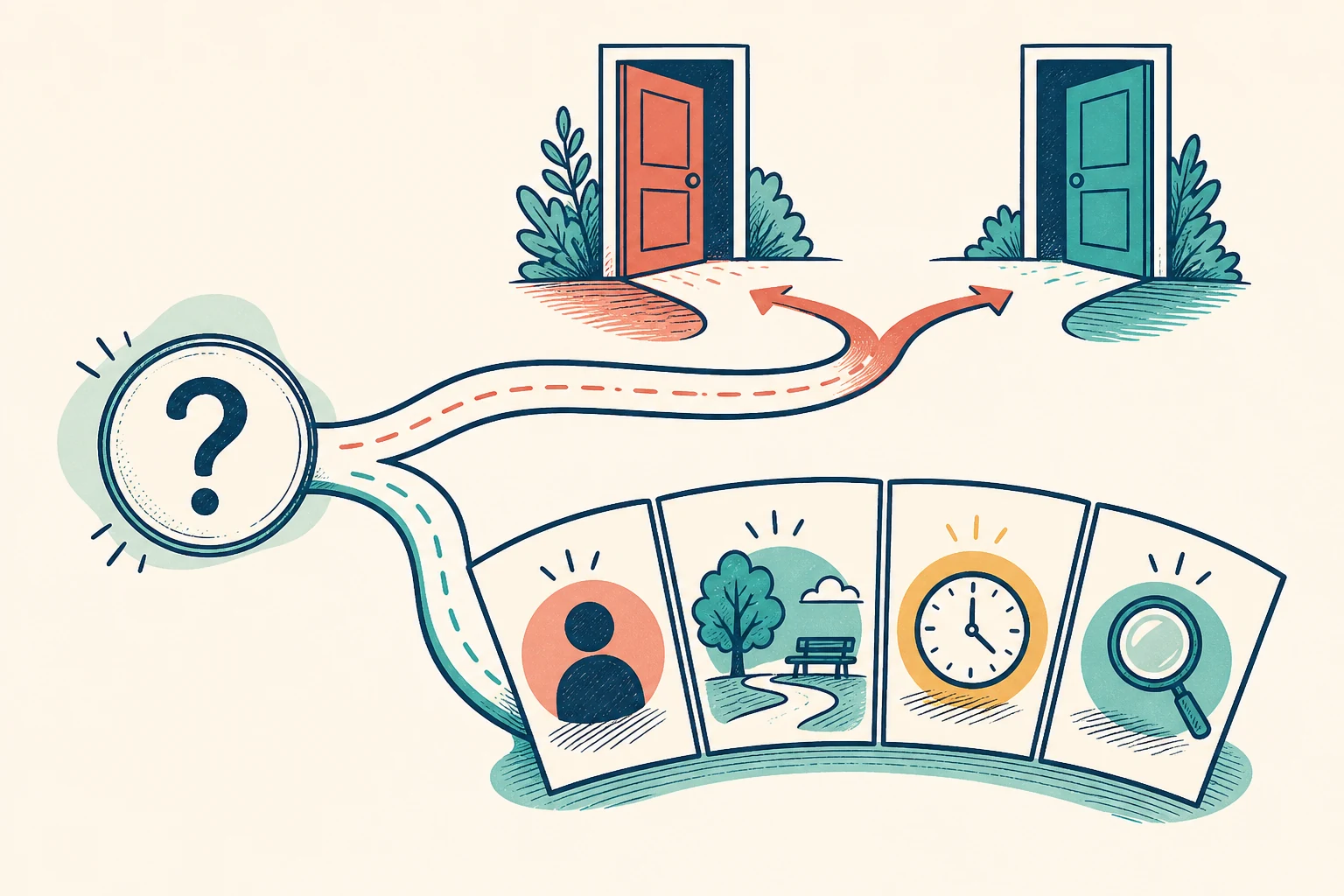 One question path splits toward two doors, while another leads to four visual clues for person, place, time and object.