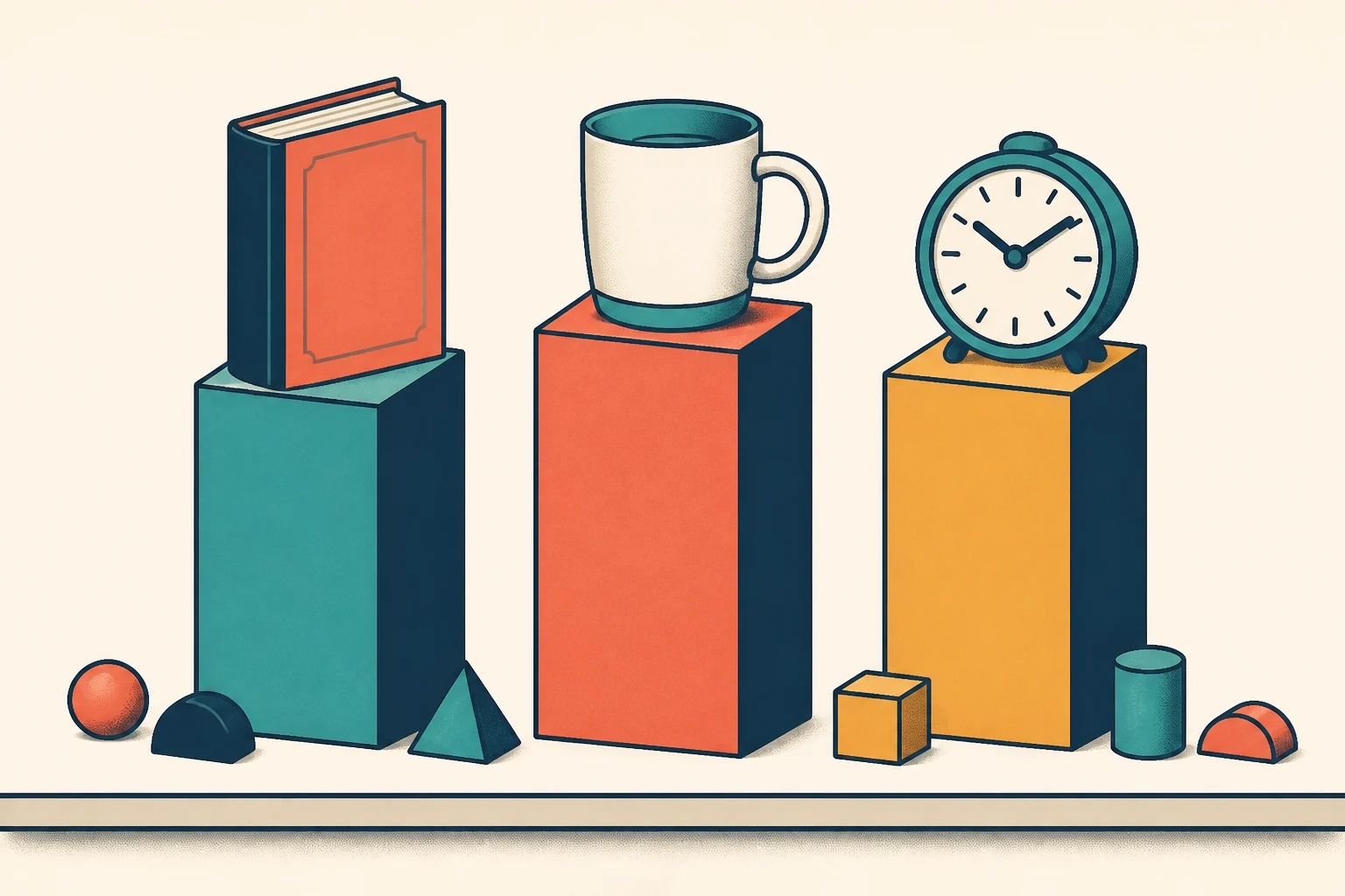A book, mug and clock stand on pedestals above small abstract shapes.