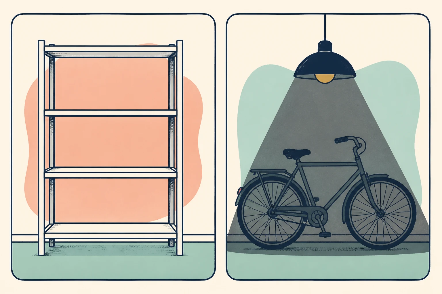 Due pannelli contrastano uno scaffale vuoto e una bicicletta presente sotto una luce spenta.