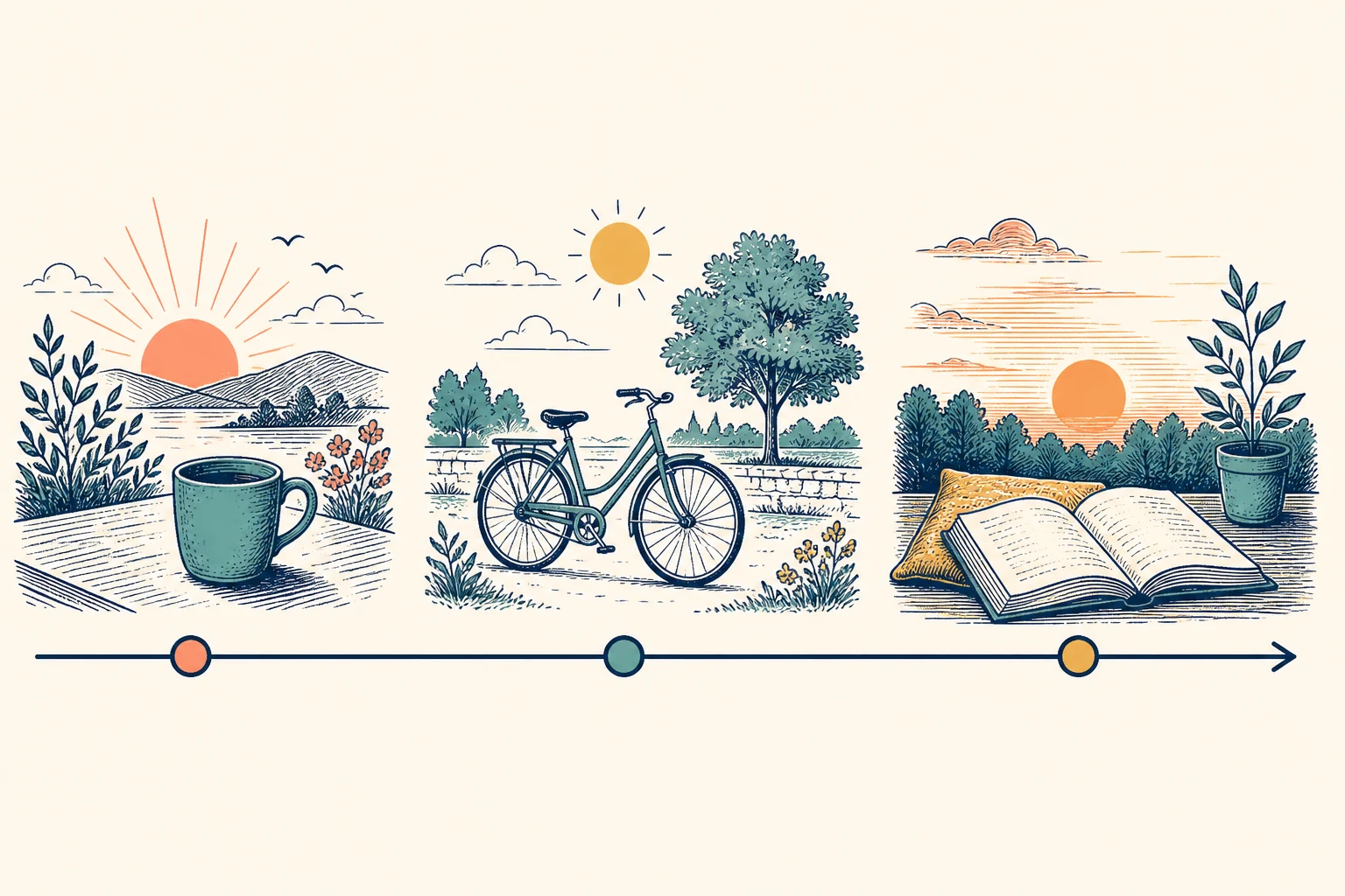 Tres escenas sin personas —taza al amanecer, bicicleta al mediodía y libro al atardecer— unidas por una línea temporal.